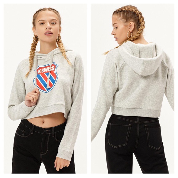 K-Swiss Grind Cropped Logo Hooded Sweatshirt Heather Grey M - Picture 1 of 9